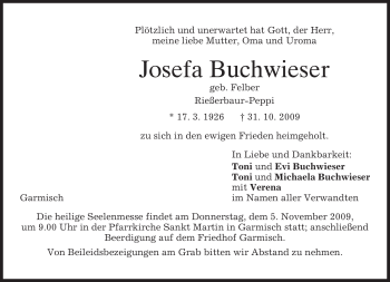 Traueranzeige von Josefa Buchwieser von MERKUR & TZ