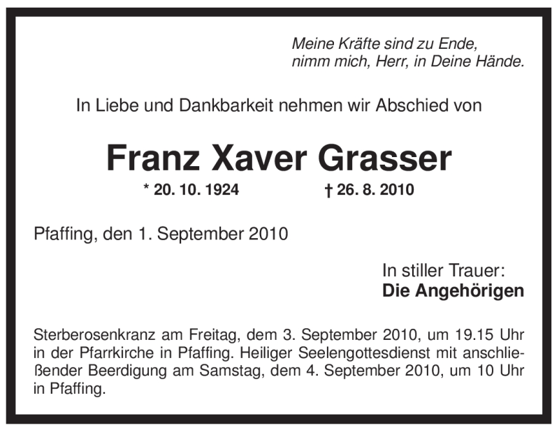 Traueranzeigen Von Franz Xaver Grasser | Trauer.merkur.de