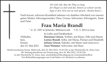 Traueranzeige von Maria Brandl von MERKUR & TZ