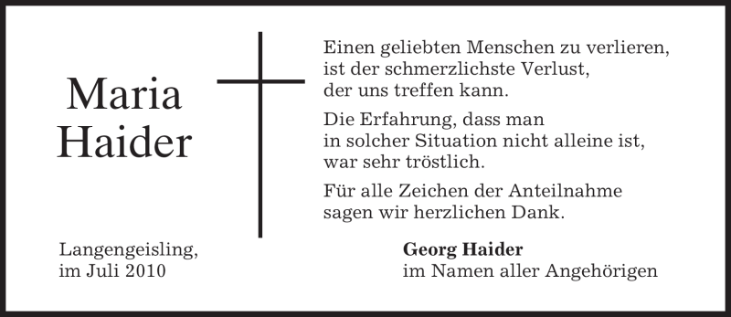  Traueranzeige für Maria Haider vom 24.07.2010 aus MERKUR & TZ