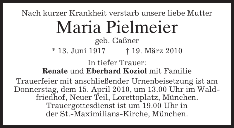  Traueranzeige für Maria Pielmeier vom 10.04.2010 aus MERKUR & TZ