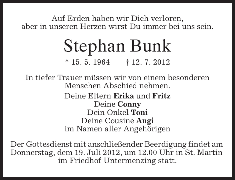  Traueranzeige für Stephan Bunk vom 17.07.2012 aus MERKUR & TZ