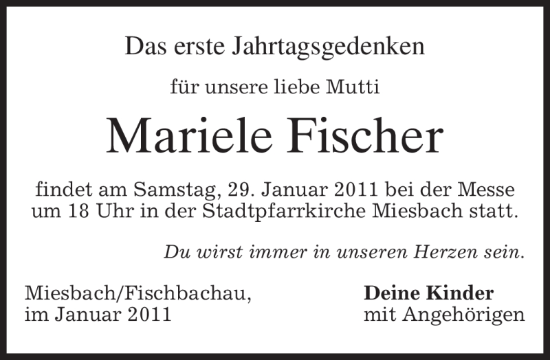  Traueranzeige für Mariele Fischer vom 26.01.2011 aus MERKUR & TZ