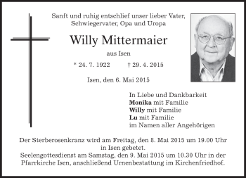 Traueranzeige von Willy Mittermaier von merkurtz