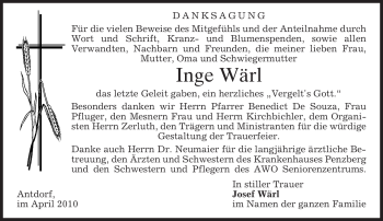 Traueranzeige von Inge Wärl von MERKUR & TZ