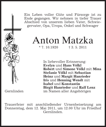 Traueranzeige von Anton Matzka von MERKUR & TZ