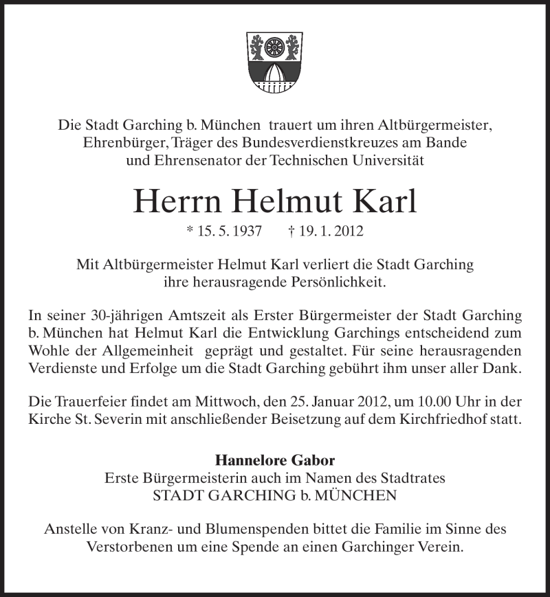 Traueranzeige für Helmut Karl vom 21.01.2012 aus MERKUR & TZ