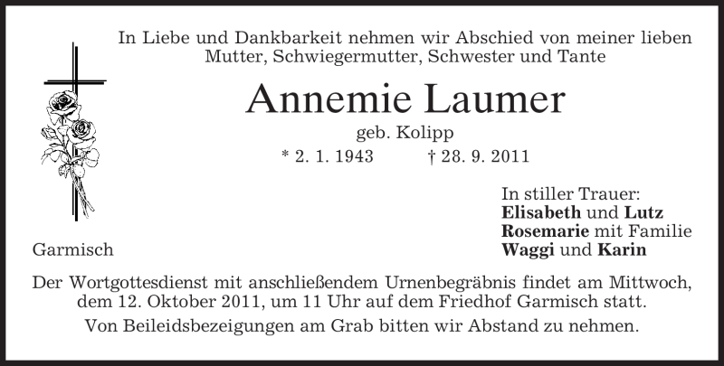  Traueranzeige für Annemie Laumer vom 07.10.2011 aus MERKUR & TZ