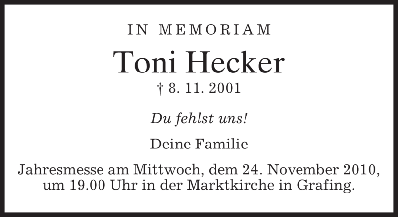  Traueranzeige für Toni Hecker vom 08.11.2010 aus MERKUR & TZ