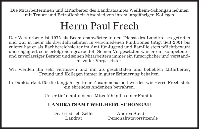 Traueranzeige für Paul Frech vom 28.01.2011 aus MERKUR & TZ