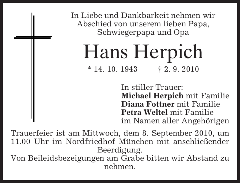  Traueranzeige für Hans Herpich vom 07.09.2010 aus MERKUR & TZ
