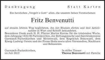 Traueranzeige von Fritz Benvenutti von MERKUR & TZ