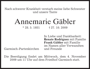 Traueranzeige von Annemarie Gäbler von MERKUR & TZ
