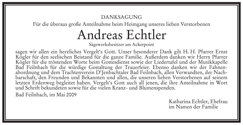  Traueranzeige für Andreas Echtler vom 08.05.2009 aus MERKUR & TZ
