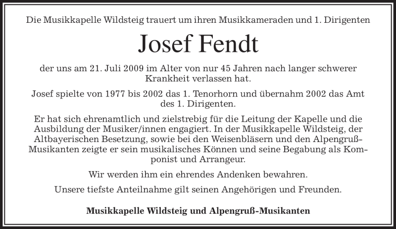  Traueranzeige für Josef Fendt vom 25.07.2009 aus MERKUR & TZ