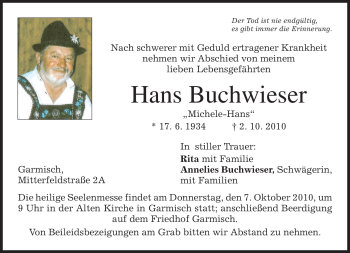 Traueranzeige von Hans Buchwieser von MERKUR & TZ