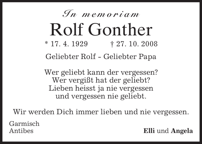  Traueranzeige für Rolf Gonther vom 27.10.2010 aus MERKUR & TZ