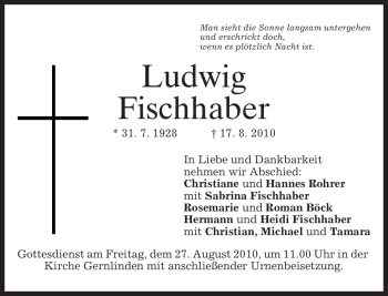 Traueranzeige von Ludwig Fischhaber von MERKUR & TZ
