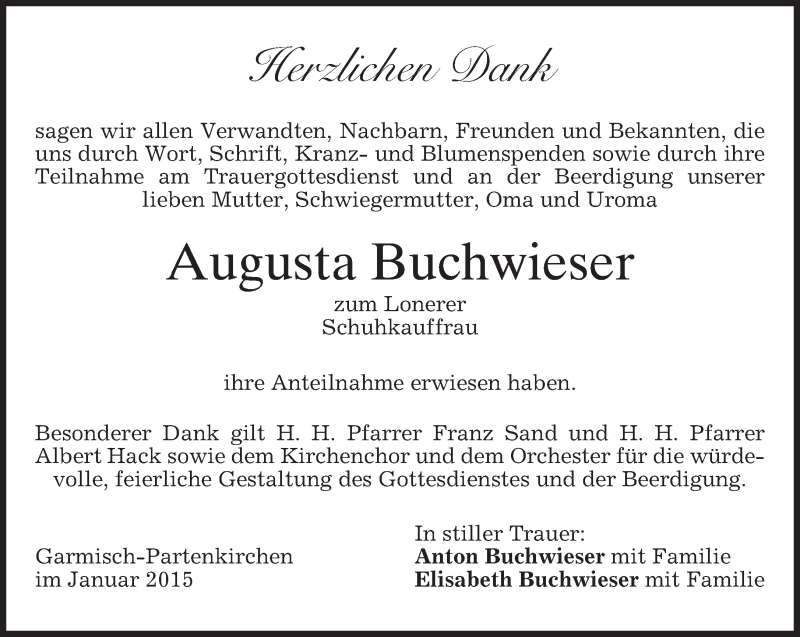 Traueranzeige für Augusta Buchwieser vom 10.01.2015 aus merkurtz