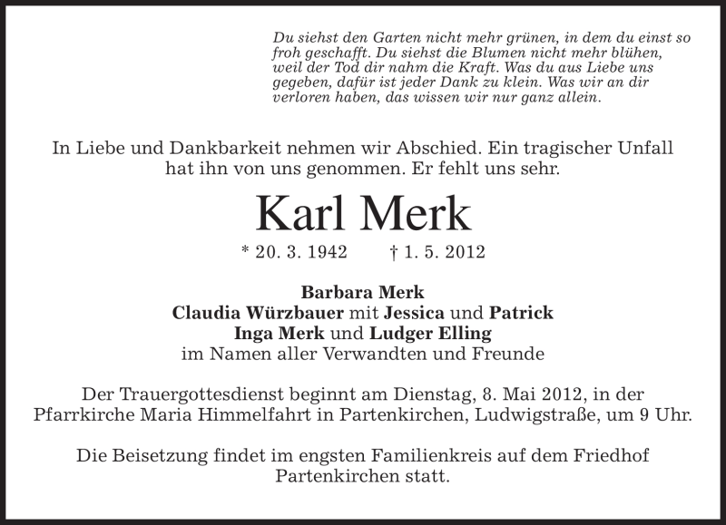  Traueranzeige für Karl Merk vom 05.05.2012 aus MERKUR & TZ
