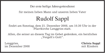 Traueranzeige von Rudolf Sappl von MERKUR & TZ