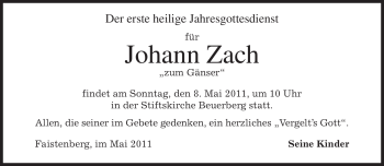 Traueranzeige von Johann Zach von MERKUR & TZ