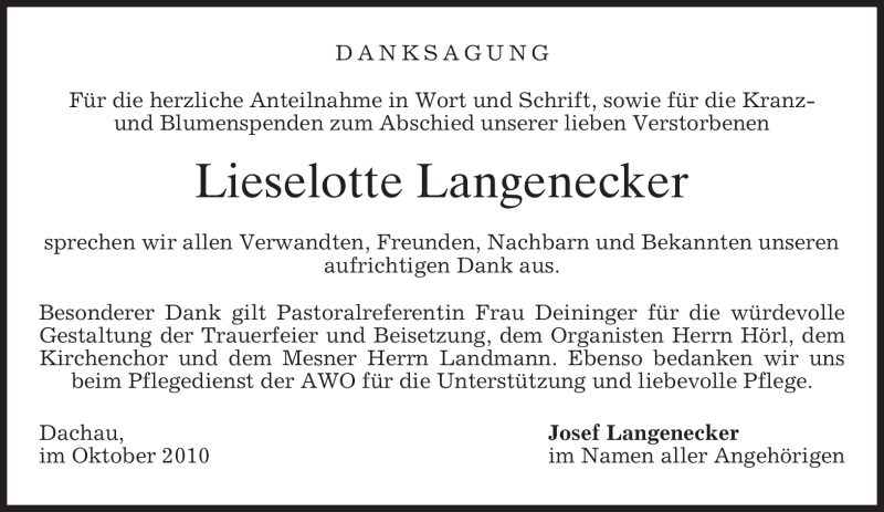  Traueranzeige für Lieselotte Langenecker vom 16.10.2010 aus MERKUR & TZ