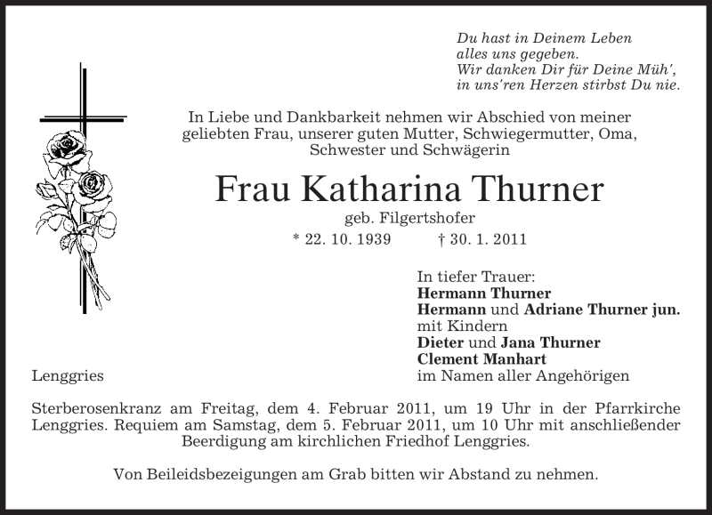  Traueranzeige für Katharina Thurner vom 02.02.2011 aus MERKUR & TZ
