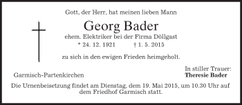 Traueranzeige von Georg Bader von merkurtz