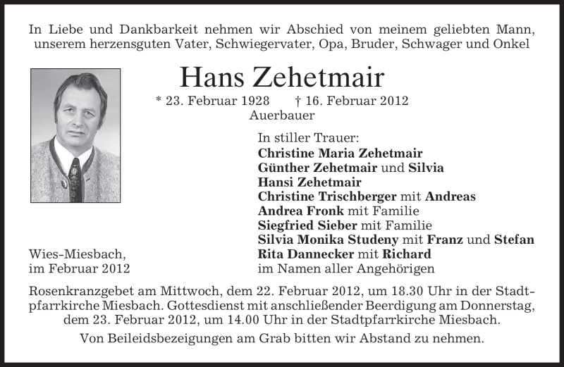  Traueranzeige für Hans Zehetmair vom 20.02.2012 aus MERKUR & TZ