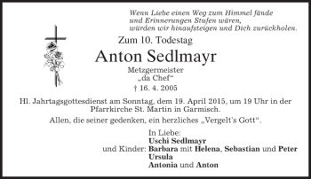 Traueranzeige von Anton Sedlmayr von merkurtz