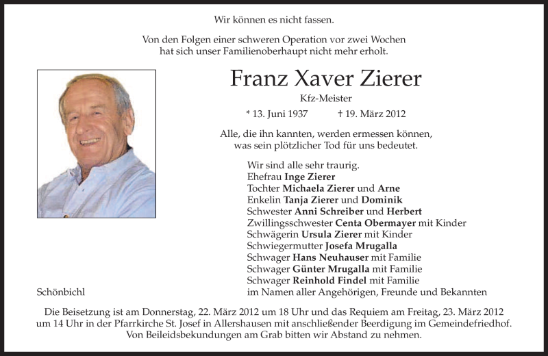  Traueranzeige für Franz Xaver Zierer vom 21.03.2012 aus MERKUR & TZ