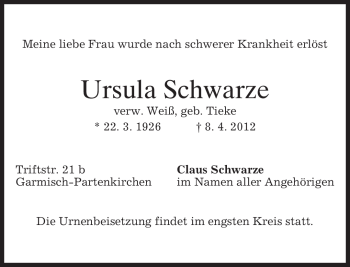 Traueranzeige von Ursula Schwarze von MERKUR & TZ