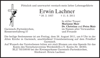 Traueranzeige von Erwin Lachner von MERKUR & TZ