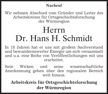 Traueranzeige von Hans H. Schmidt von MERKUR & TZ