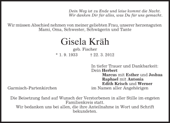 Traueranzeige von Gisela Kräh von MERKUR & TZ