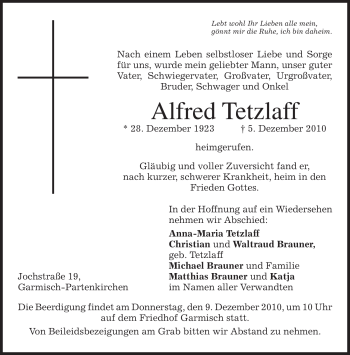 Traueranzeige von Alfred Tetzlaff von MERKUR & TZ