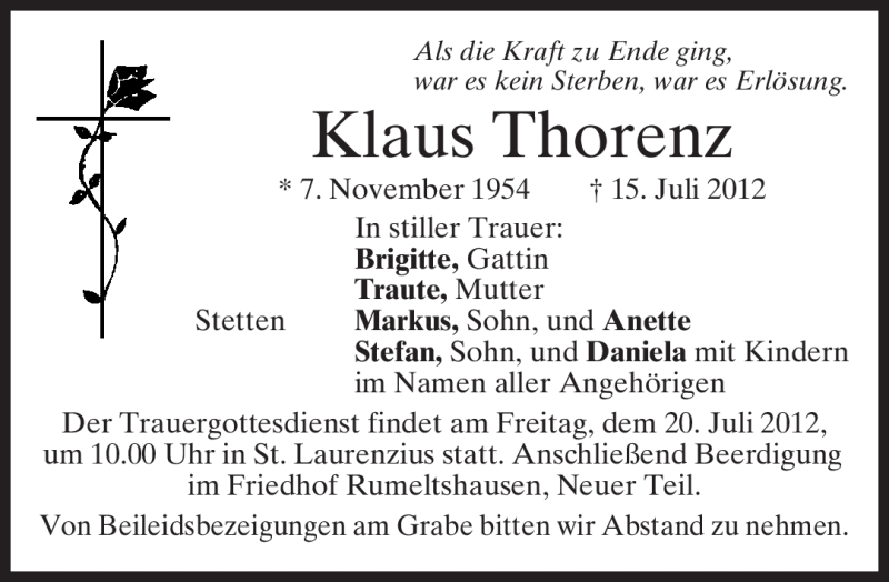  Traueranzeige für Klaus Thorenz vom 17.07.2012 aus MERKUR & TZ