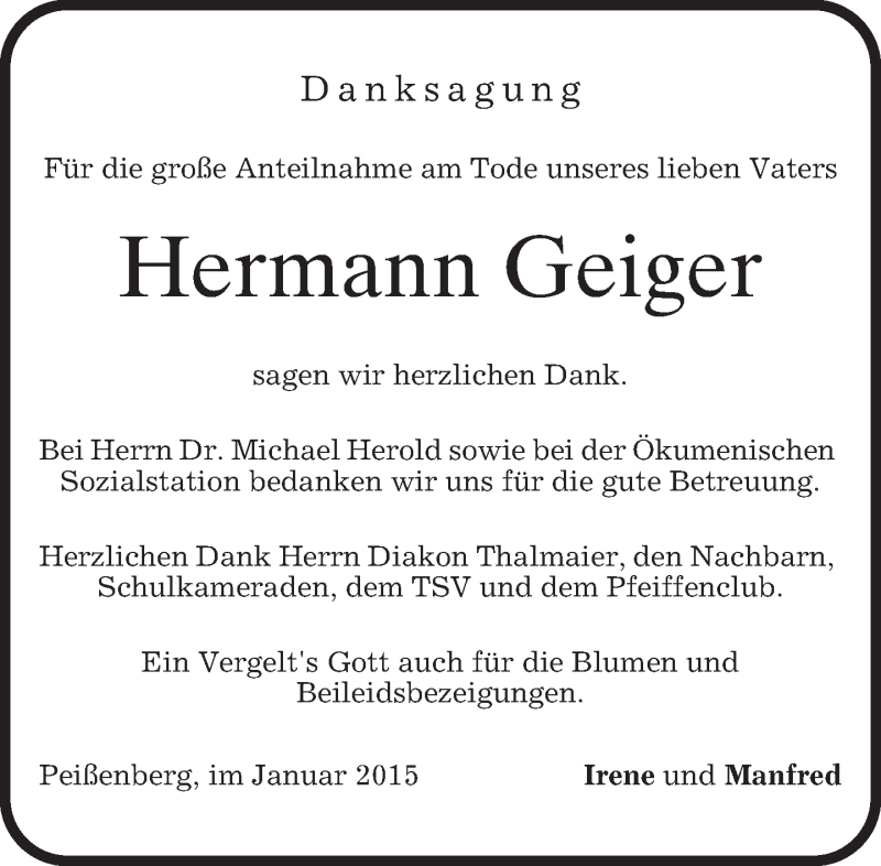  Traueranzeige für Hermann Geiger vom 17.01.2015 aus merkurtz