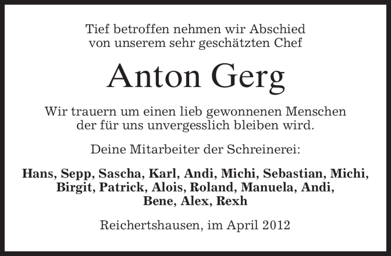  Traueranzeige für Anton Gerg vom 28.04.2012 aus MERKUR & TZ
