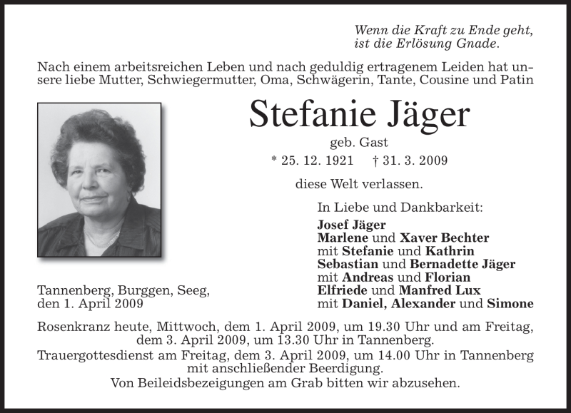 Traueranzeigen von Stefanie Jäger | trauer.merkur.de