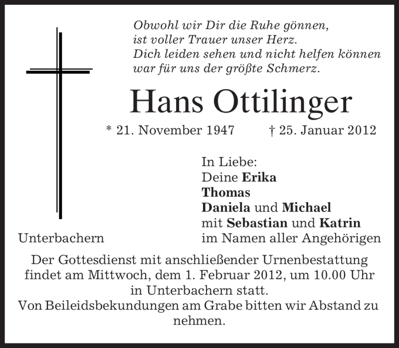  Traueranzeige für Hans Ottilinger vom 28.01.2012 aus MERKUR & TZ