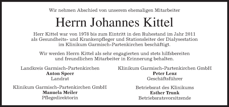  Traueranzeige für Johannes Kittel vom 25.02.2015 aus merkurtz