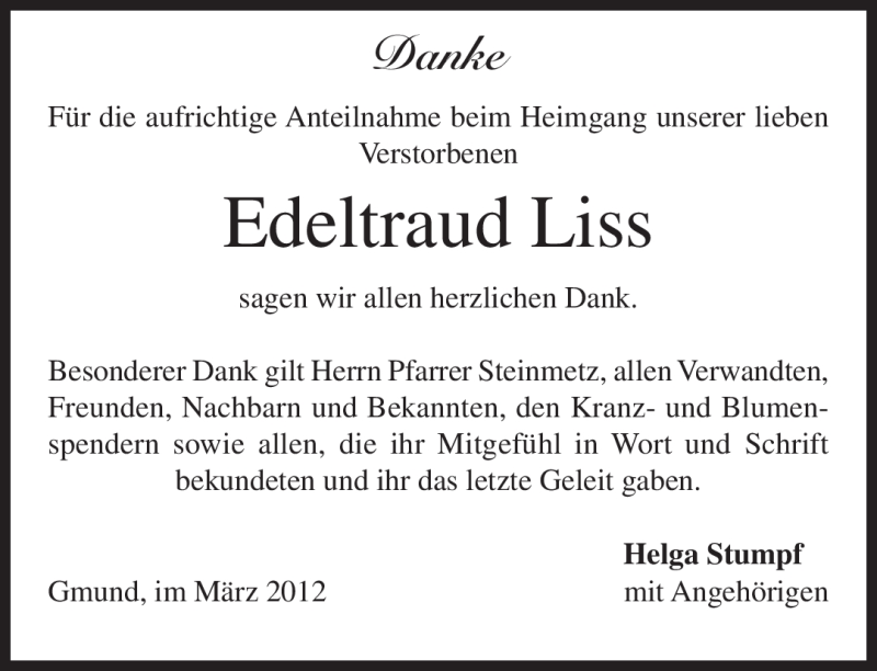  Traueranzeige für Edeltraud Liss vom 24.03.2012 aus MERKUR & TZ