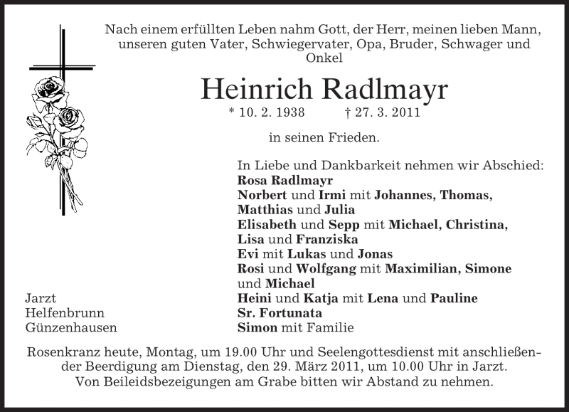  Traueranzeige für Heinrich Radlmayr vom 28.03.2011 aus MERKUR & TZ