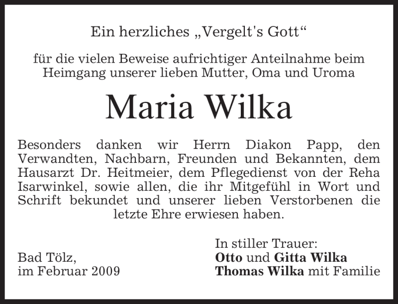  Traueranzeige für Maria Wilka vom 20.02.2009 aus MERKUR & TZ