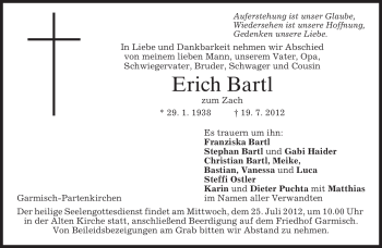 Traueranzeige von Erich Bartl von MERKUR & TZ