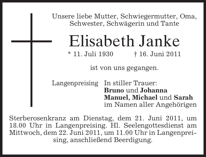 Traueranzeige für Elisabeth Janke vom 18.06.2011 aus MERKUR & TZ