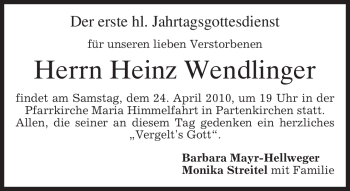 Traueranzeige von Heinz Wendlinger von MERKUR & TZ