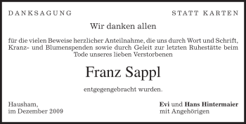 Traueranzeige von Franz Sappl von MERKUR & TZ